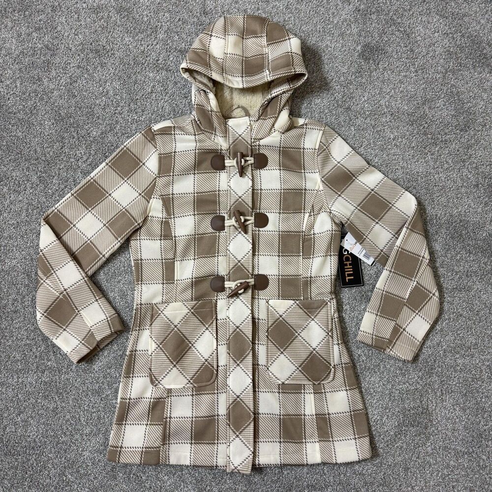 Big Chill Coat Womens Medium Tan Plaid Hooded Toggle Duffle Zip Pockets Sherpa